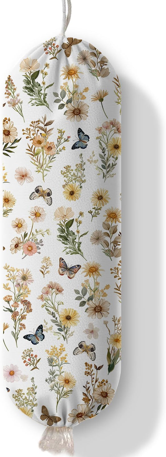 Plastic Bag Holder Butterfly Floral Bag Holder Dispenser, Plastic Grocery Bag Organizer & Wall Mount Paper Trash Bags Saver Storage for Kitchen Home Pantry Decor, Shopping Bags Storage Dispenser