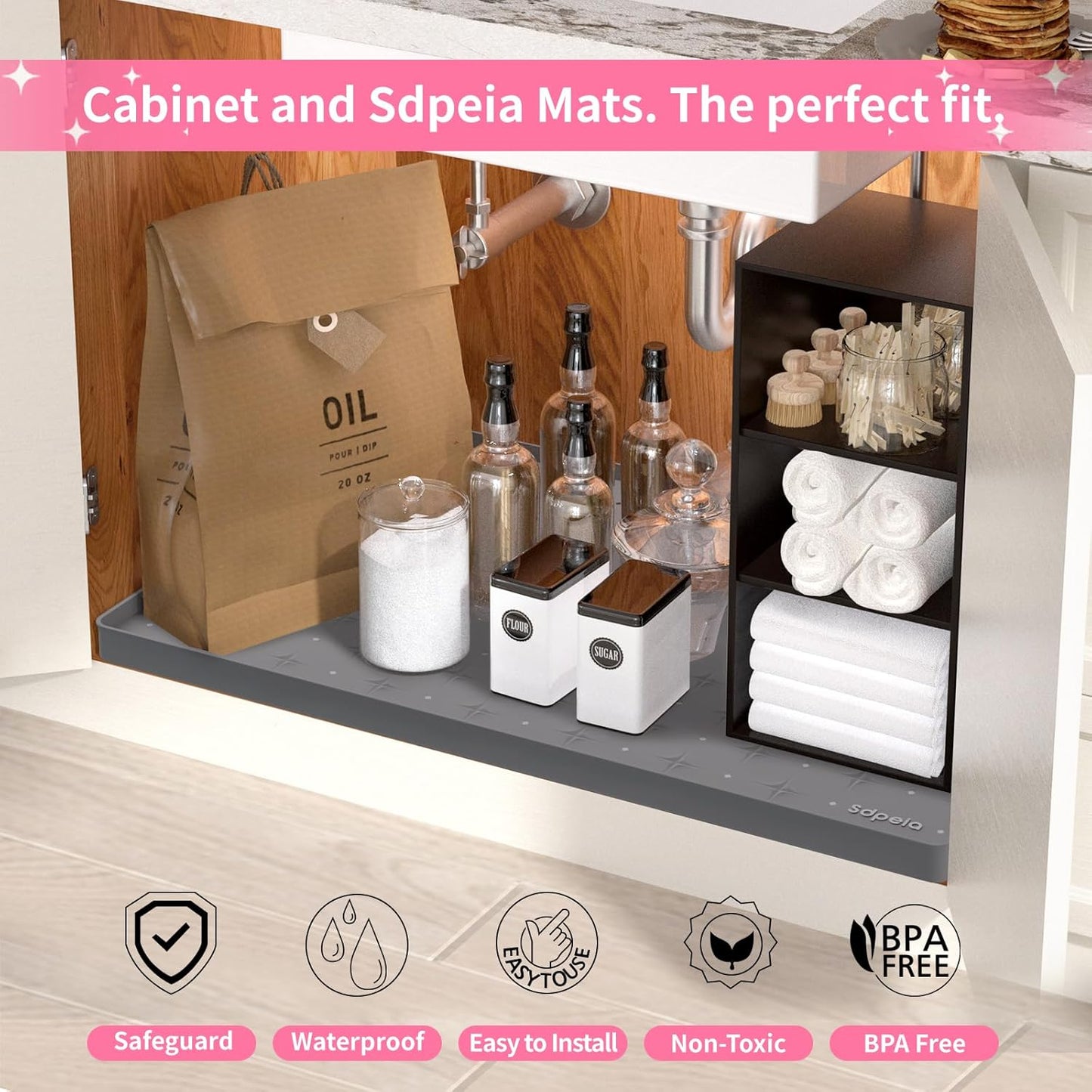 Sdpeia Under Sink Mat 31"×22" – Waterproof Silicone Cabinet Liner & Sink Protector for Kitchen & Bathroom, Multi-Purpose Organizers Tray for Pets, Laundry, Cat Litter Mat,Gray