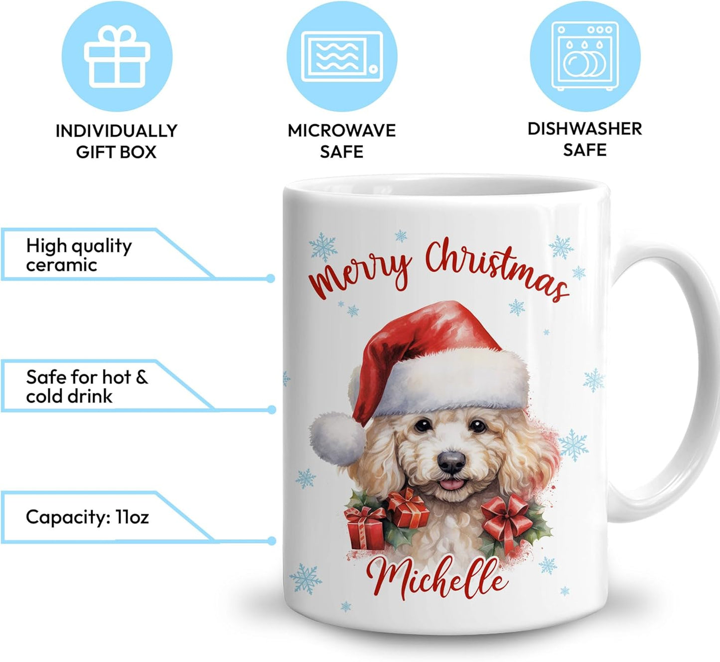 Hyturtle Personalized Gifts Dog Lover - Poodle Merry Christmas Custom Name Ceramic Coffee Mug Cup 11oz - Cute Animal Lovers Gifts For Women, Girl kids Family On Birthday, Christmas