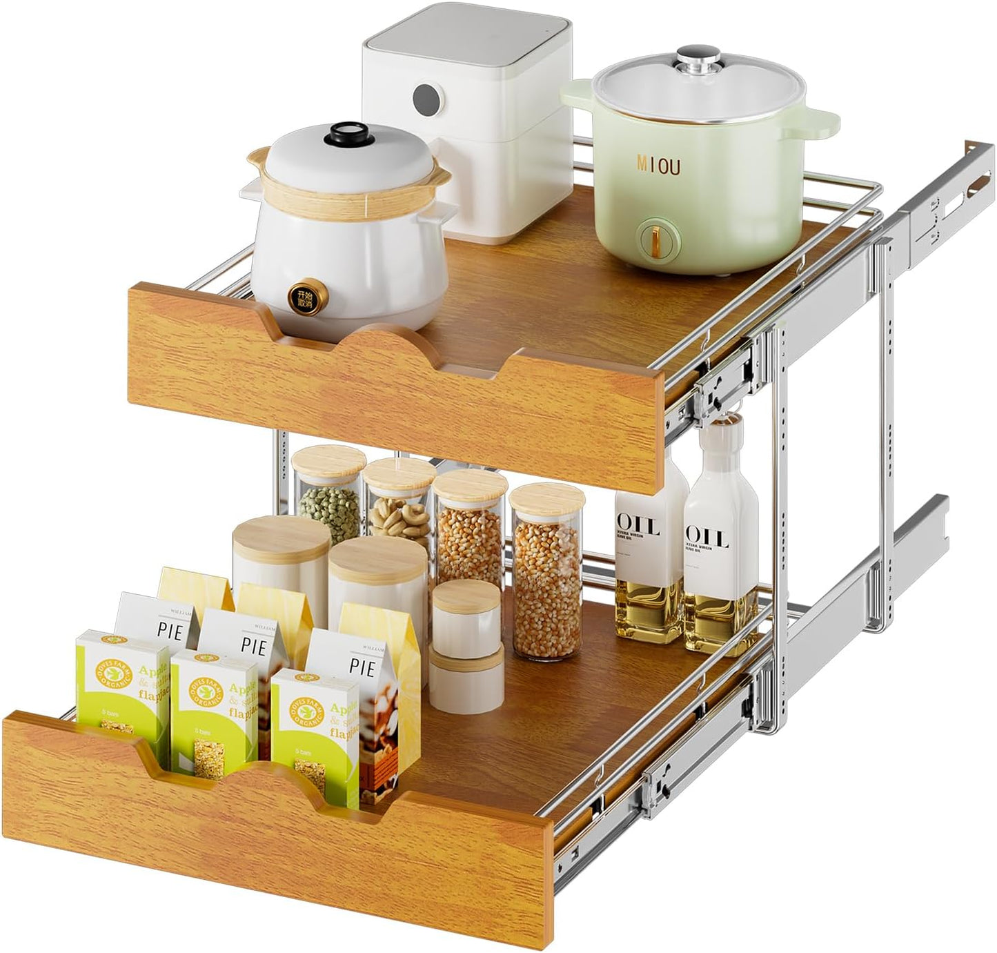 DINDON 2 Tier Pull Out Cabinet Organizer (17" W x 21" D) Slide Out Wood Shelf Double Tier Kitchen Wire Basket With Chrome Finish…