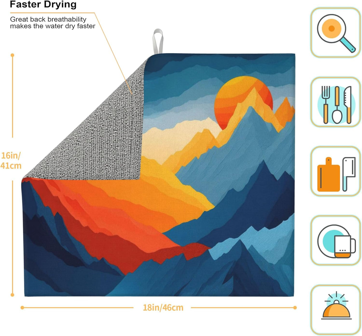 Colorful Mountains Sunset Dish Drying Mat for Kitchen Counter, 16"x18" Microfiber Absorbent Fast Dry Mat, 2Pcs Dish Mat Faucet Mats Sets, Large Drying Kitchen Mat Kitchen Drying Pad Coffee Bar Decor
