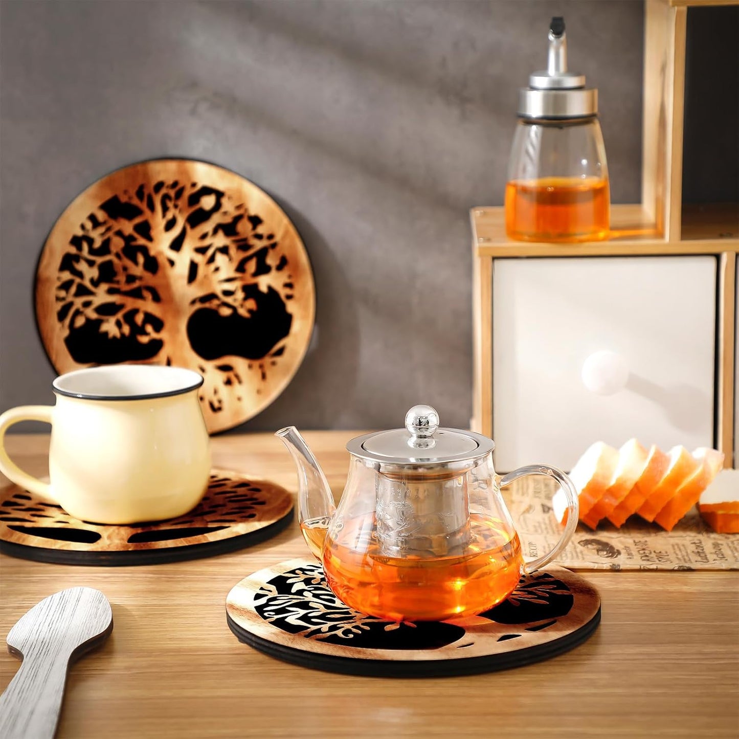 3 Pcs Life Tree Wooden Trivets for Hot Dishes 8 Rustic Round Tree Trivet Set Hot Plate Holders Heat Resistant Polite Trees Coasters for Table Dishes Pots and Pans(Light Wood Color)