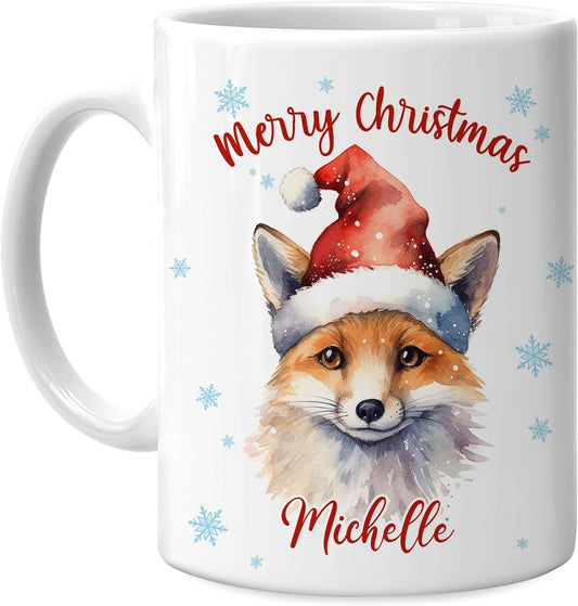Hyturtle Personalized Gifts Fox Lover - Fox Wearing Santa Hat Custom Name Ceramic Coffee Mug Cup 11oz - Cute Animal Lovers Gifts For Women, Girl kids Family On Birthday, Christmas