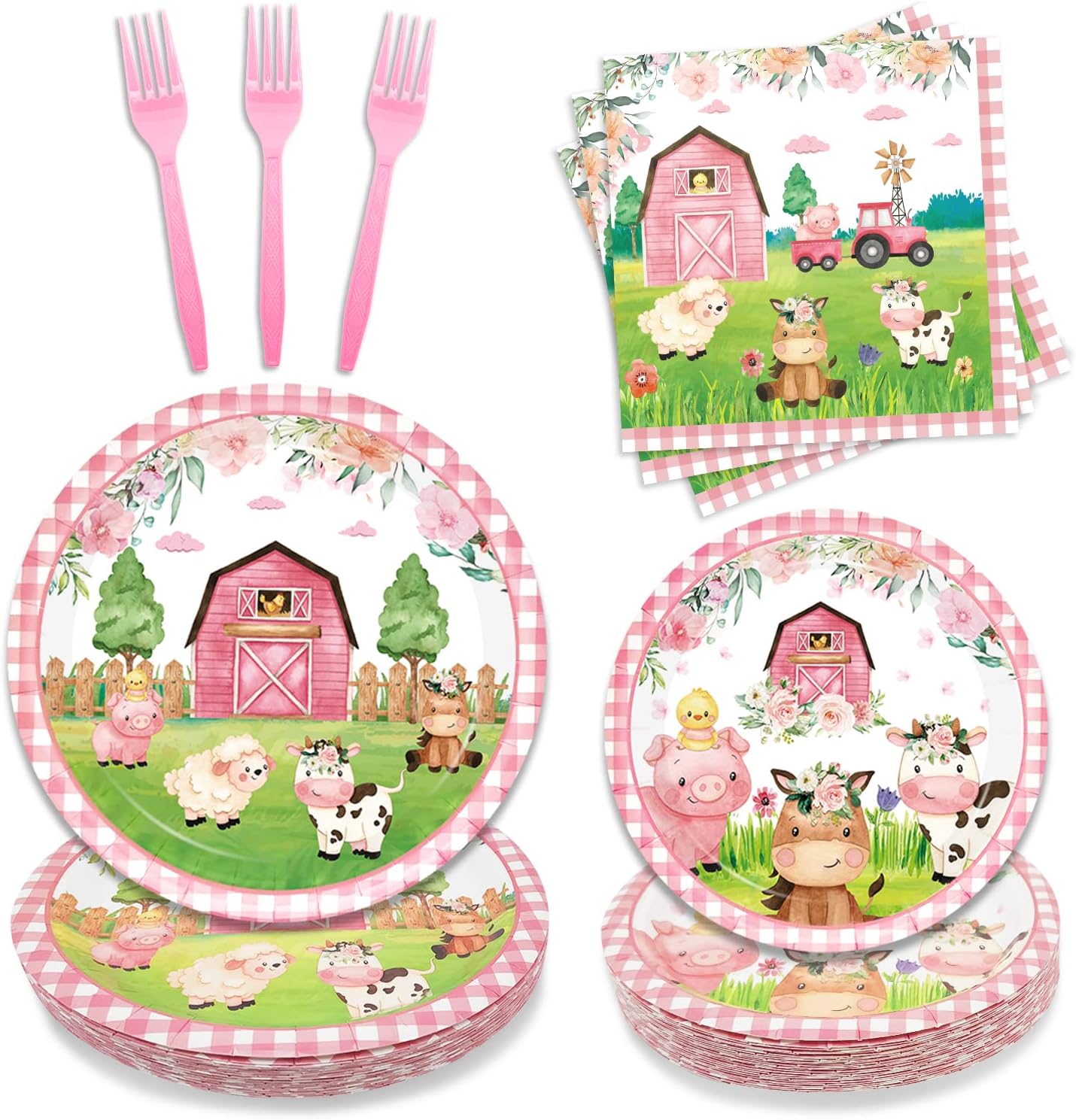 96PCS Farm Animals Party Supplies Tableware Set Farm Birthday Party Barn Animal Theme Party Cute Pink Animal Baby Shower Dessert Plate Dinner Plate Paper Napkins Forks Dinnerware for 24 Guests