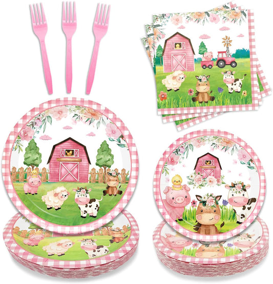 96PCS Farm Animals Party Supplies Tableware Set Farm Birthday Party Barn Animal Theme Party Cute Pink Animal Baby Shower Dessert Plate Dinner Plate Paper Napkins Forks Dinnerware for 24 Guests