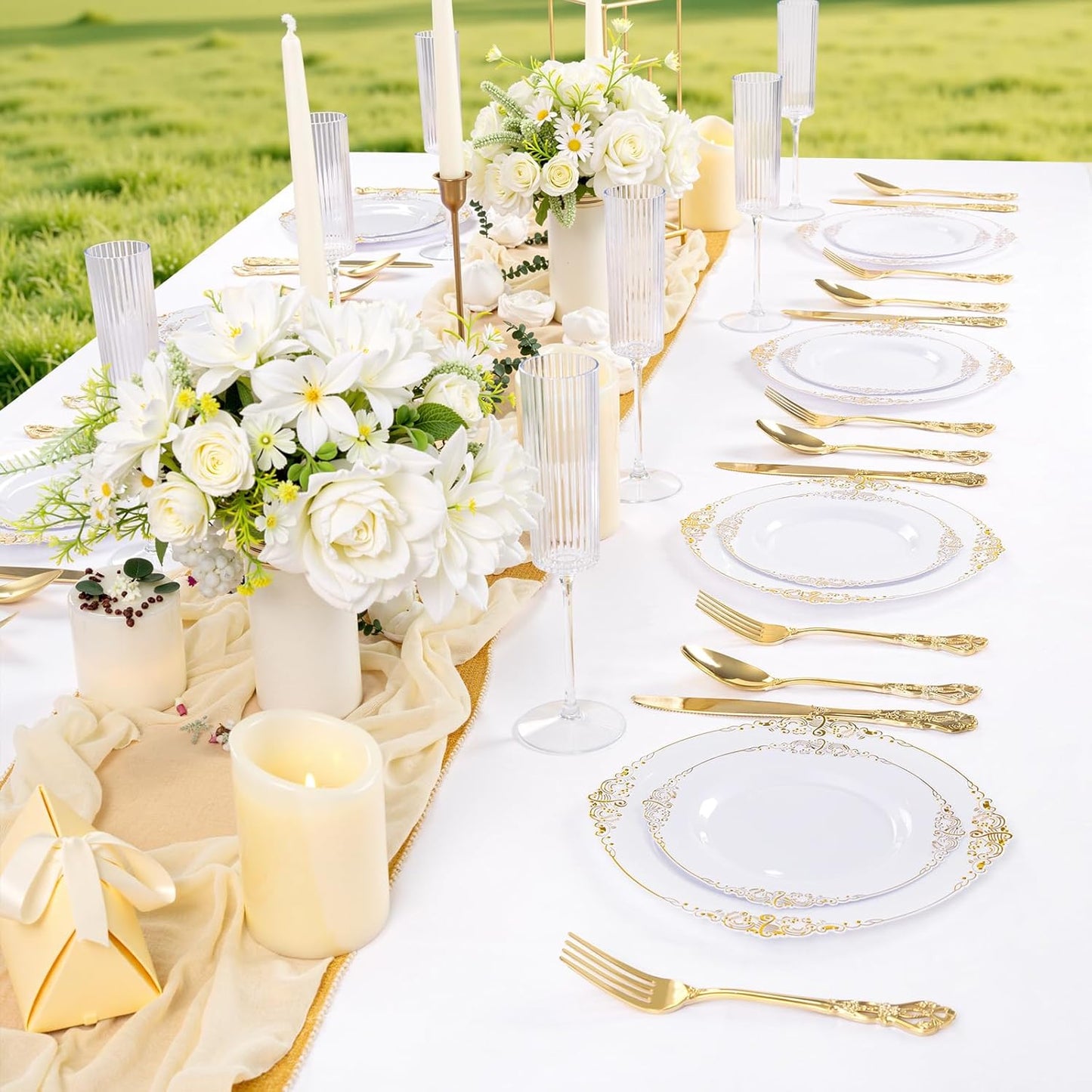 102PCS White and Gold Plastic Plates - Heavy Duty Gold Disposable Plates Include 51PCS 7.5inch Dessert Plates, 51PCS 10.25inch Dinner Plates for Christmas & Thanksgiving Parties