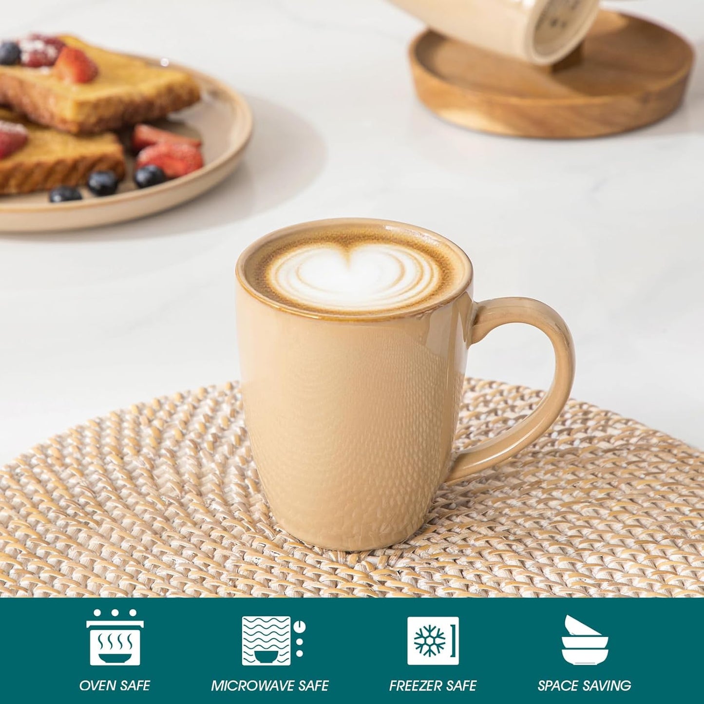 vancasso PLAYA Ceramic Coffee Mug Set of 6, 12 Oz Tea Cups with Handle for Latte, Tea, Cappuccino, Milk, Cocoa, Microwave&Dishwasher Safe, Brown