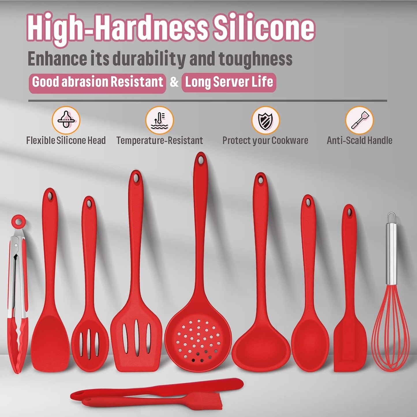 Silicone Kitchen Utensils Set, E-far 23 Pcs Red Cooking Utensils Tools with Holder for Nonstick Cookware, Include Spatula/Spoon/Ladle/Tongs/Turner, Heat Resistant & Nontoxic, Dishwasher Safe