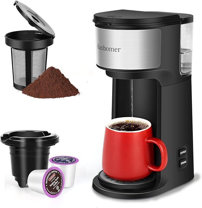 K Cup Coffee Maker, Single Serve coffee machine or Ground Coffee Machine 2 in 1, 6 to 14 Oz Brew Sizes, Mini One Cup Coffee Maker with Self cleaning Function, Fits Travel Mug (Black)