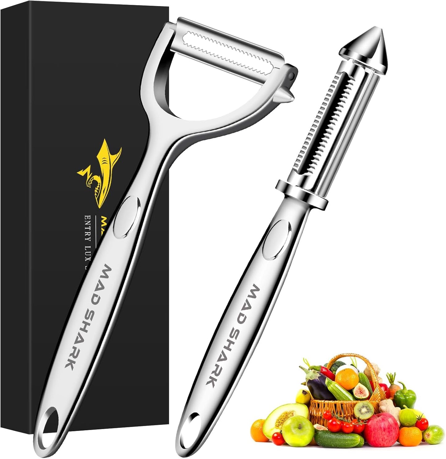 MAD SHARK Ultra Sharp Vegetable Peelers for Kitchen Fruit Apple Potato Peelers,Design with Ergonomic Non-Slip Handle, Y+I Shaped Stainless Steel Serrated(2pc）
