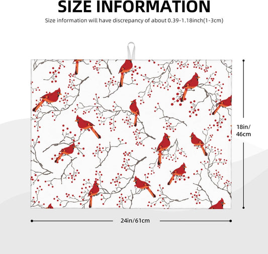 Cardinal Bird Red Berry Decor Microfiber Dish Drying Mat for Kitchen Counter Cute Dishes Pad Dish Drainer Rack Mats 18"x24" Absorbent Washable Reusable Home Holiday Decor