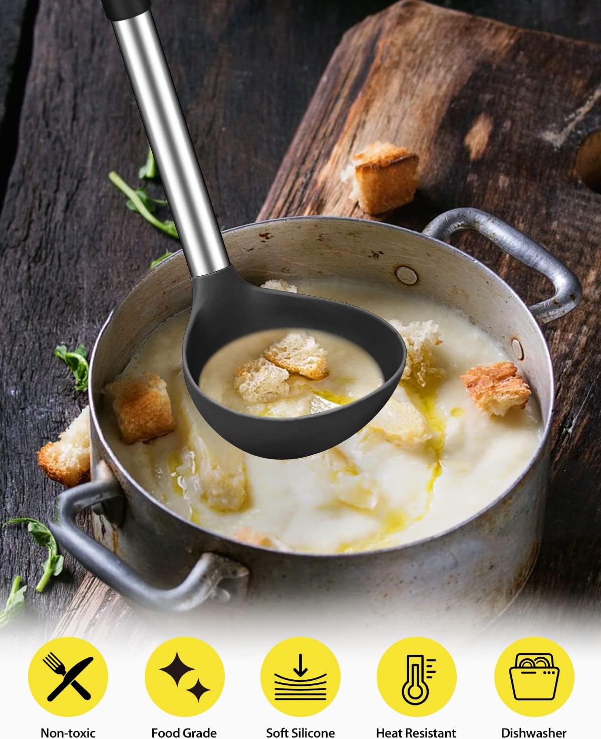 Silicone Pasta Fork and Soup Ladle Set, Non-Stick BPA Free Heat-Resistant Handy Kitchen Utensils for Cooking, Serving, Draining, Stirring (Black)