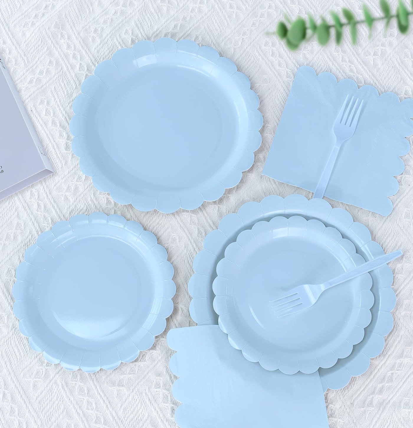 96 Pcs Light Blue Plates and Napkins Party Supplies Serve 24 Guests Including Blue Scalloped Paper Plates and Napkins Plastic Forks for Baby Shower Birthday Party Disposable Dinnerware Set