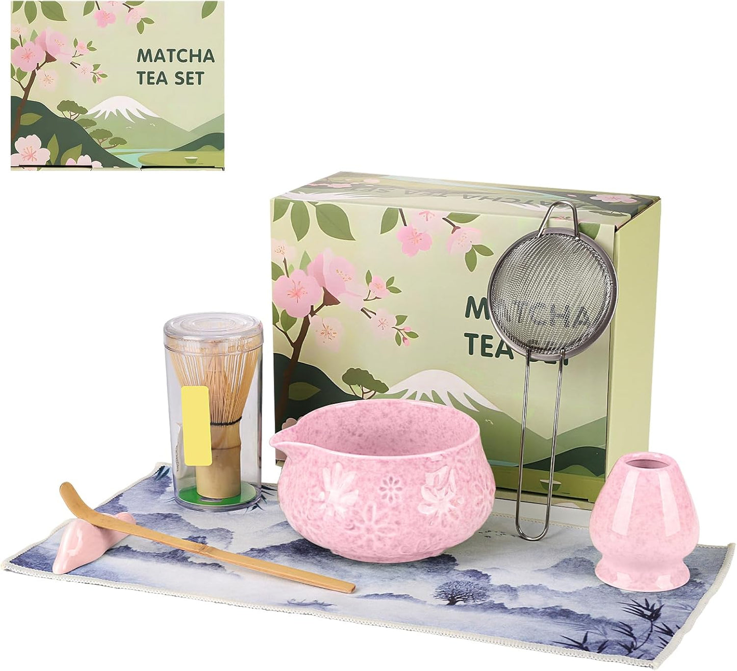 Matcha Whisk Set, 7 Pcs Matcha Kit Includes Matcha Bowl, Whisk and Holder, Bamboo Scoop, Scoop Rest, Sifter and Tea Towel, Gift for Matcha Lover (Pink)