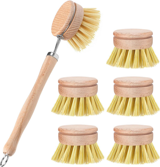 Boao Dish Brush with Beechwood Handle with 5 Replacement Heads Natural Wood Dish Scrub Brush for Washing and Cleaning Pots and Pans