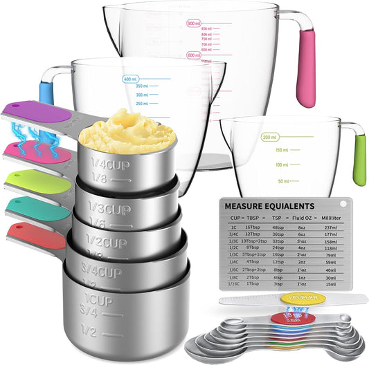 Magnetic Measuring Cups and Spoons Set, 5 Stainless Steel Measuring Cups for Dry and Liquid Ingredients, 7 Magnetic Measuring Spoons, 3 Plastic Measuring Cup with 1 Measuring Conversion Chart