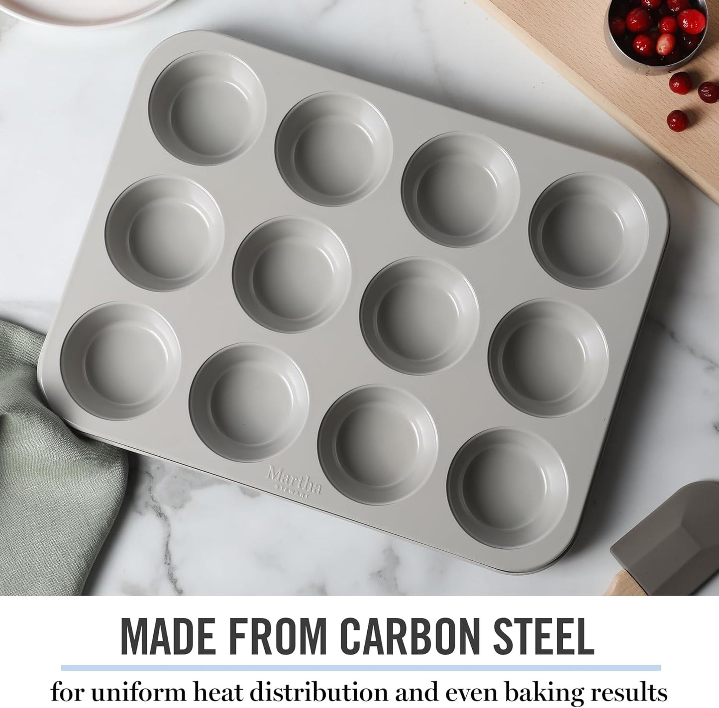 Martha Stewart Gallen 12 Cup Nonstick Carbon Steel Muffin/Cupcake Pan - Cool Grey