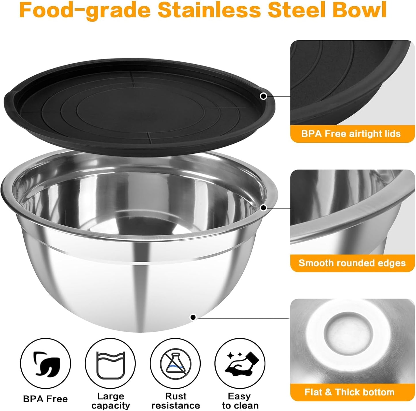 7 Piece Stainless Steel Mixing Bowls with Lids Set, Metal Mixing Bowls Nesting Design Salad Bowl for Kitchen Cooking, Baking, Prepping and Serving Food (Size 0.7, 1.1, 1.5, 2.1, 3.5, 4, 4.5QT)