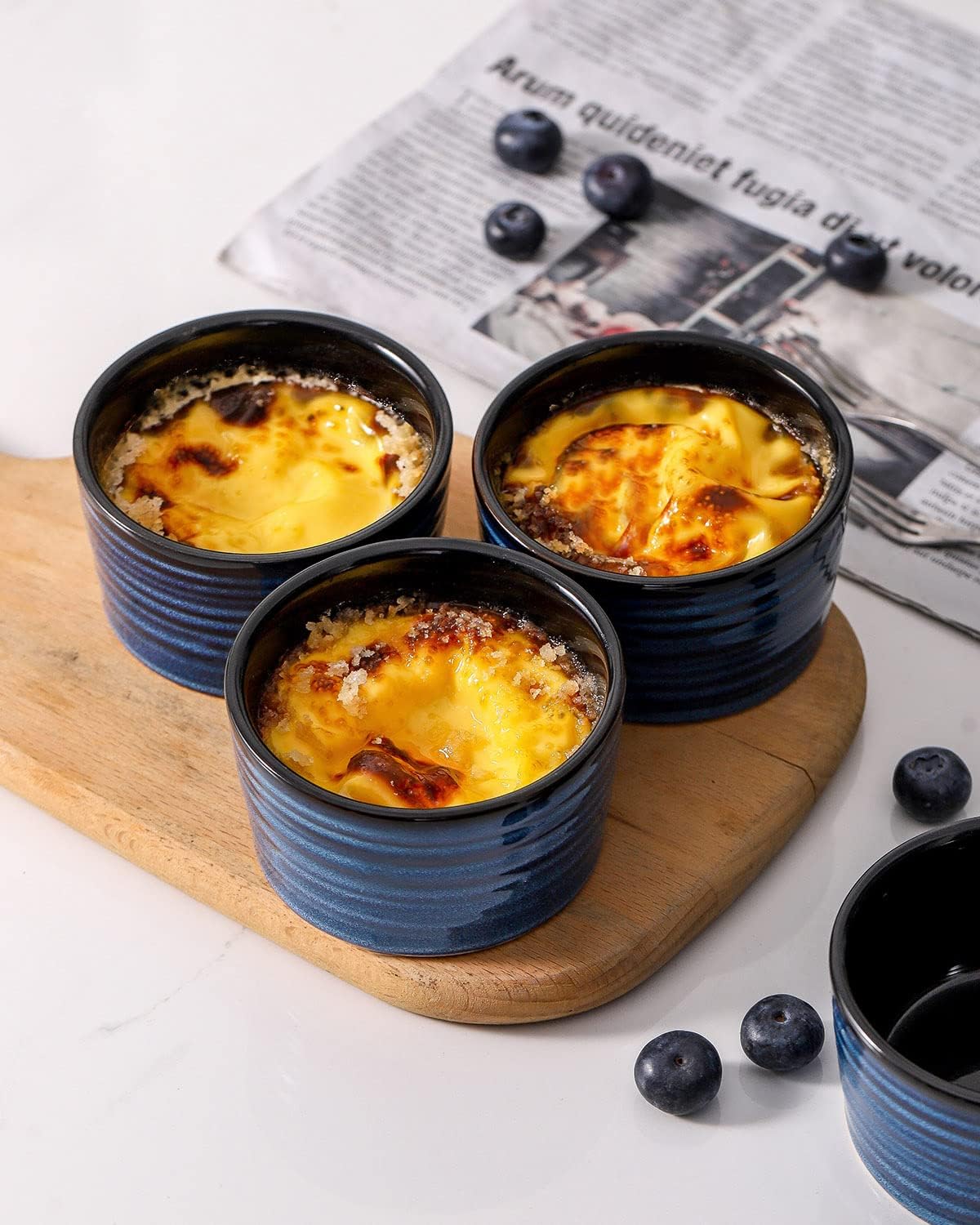 Hasense 6 oz Ramekins for Baking,Ceramic Souffle Dish Oven Safe Set of 6,Porcelain Dipping Sauce Bowls for Pudding, Creme Brulee, Souffle, Serving Dip, Custard, Ice Cream(Blue)