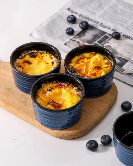Hasense 6 oz Ramekins for Baking,Ceramic Souffle Dish Oven Safe Set of 6,Porcelain Dipping Sauce Bowls for Pudding, Creme Brulee, Souffle, Serving Dip, Custard, Ice Cream(Blue)