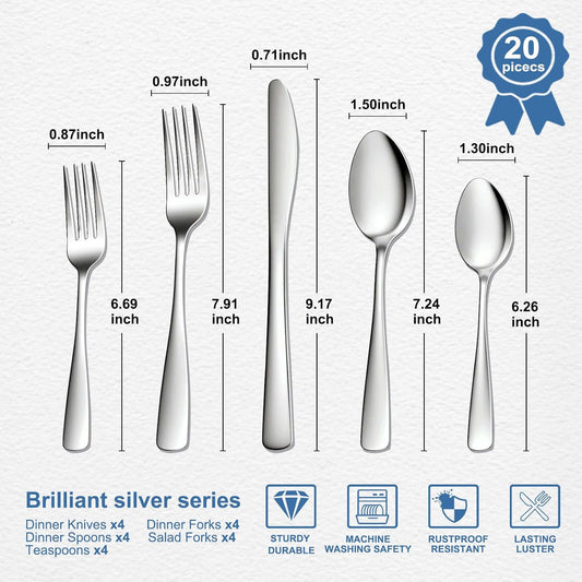 BEWOS 20 Piece Silverware Set - Stainless Steel Silverware Sets for 4 Include Spoon, Forks, Knives, Mirror Polished Flatware Set for Home, Kitchen, Restaurant, Dishwasher Safe