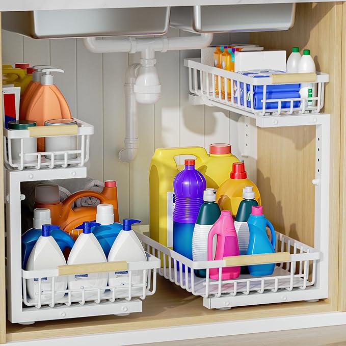 2Pcs Under Sink Organizer, Adjustable Under Sink Organizers and Storage, 2-Tier Pull Out Under Kitchen Sink Organizer, Sliding Out Metal Under Bathroom Sink Organizer for Kitchen Pantry White