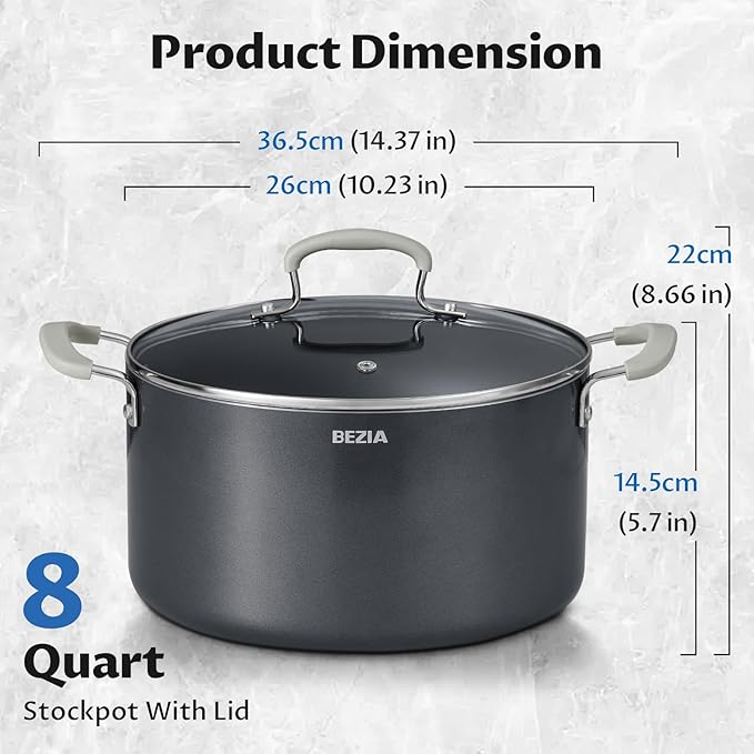 8 Quart Pot with Lid, BEZIA Ceramic Nonstick Stock Pot with Lid, Induction Ready, Large Cooking Pot with Silicone Handle, Compatible with All Cooktops, Dishwasher Safe