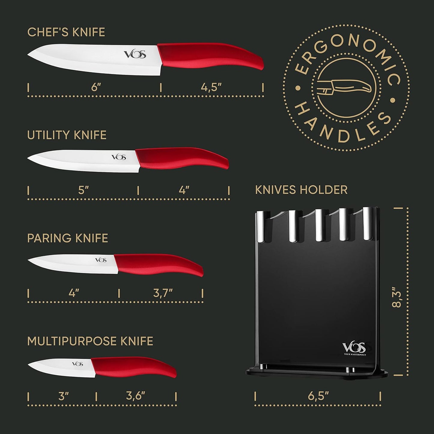 Vos Ceramic Knife Set, Ceramic Knives Set For Kitchen, Ultra Sharp Kitchen Knife Set with Covers, 3" 4" 5" 6" Paring, Santoku, Chef Knife & Utility, Lightweight, Dishwasher safe (Red with Block)