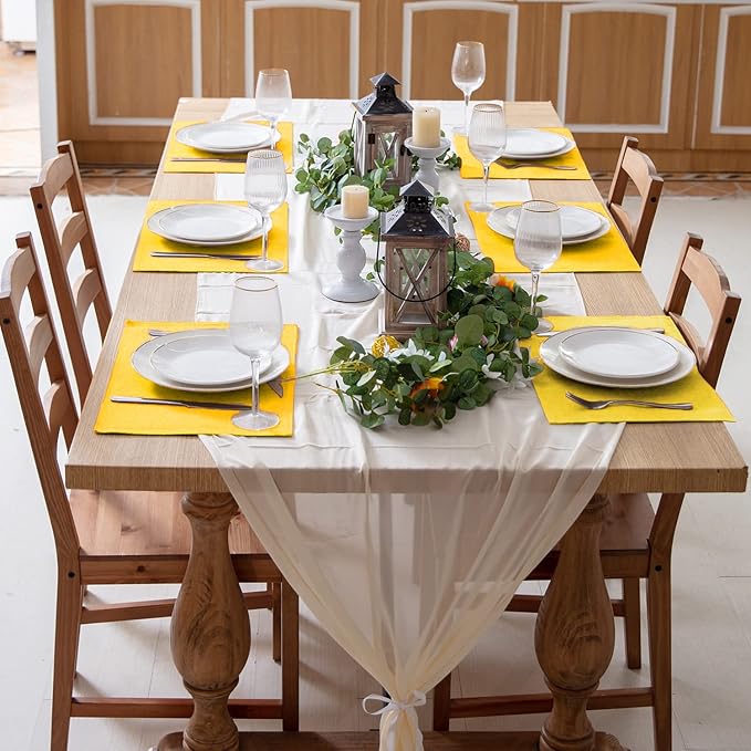 Linen Fabric Placemats Set of 4, Machine Washable, Heat Resistant, Wrinkle Free, Thick Polyester Kitchen Place Mats for Dining Table (Yellow)