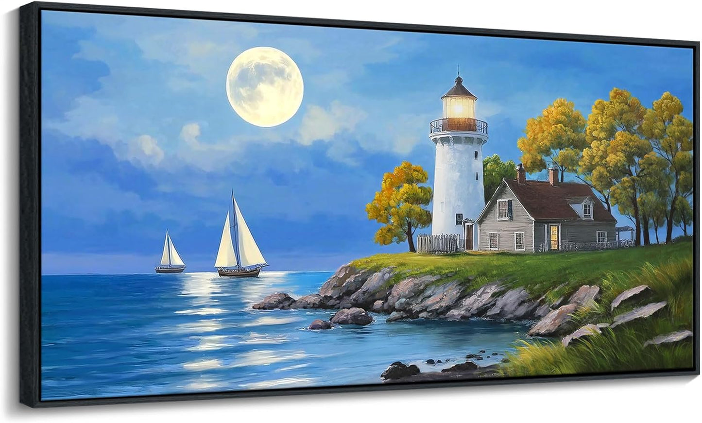 CHATYOUNG Large Coastal Wall Art - Blue Ocean Lighthouse Sailboat Tree Landscape Canvas Picture Nature Navigation Paintings Artwork for Living Room Bedroom Office Home Frame Decor 24"X48"