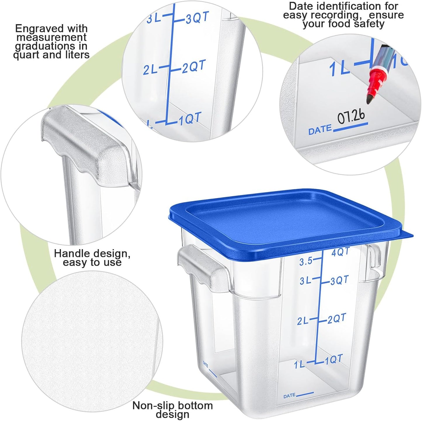 Maxcheck 4 Pcs 4Qt Food Storage Container with Lids Set Square Clear Commercial Containers with Scale and Handle Space Saving for Home Kitchen Restaurant Proof Dough Marinating Meat (Multicolor)