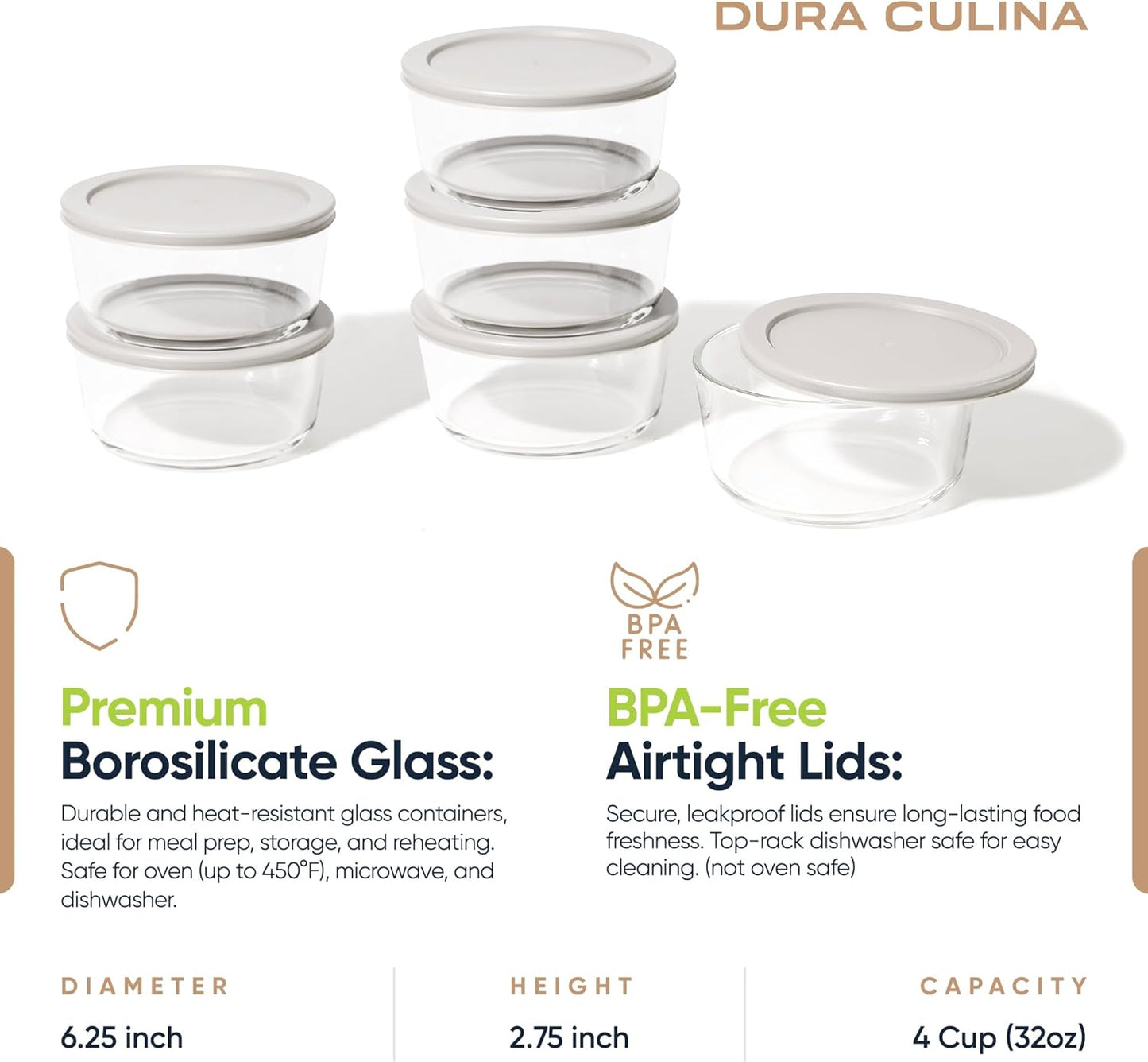 DURA LIVING 12-Piece Glass Food Storage Containers Set (6 Containers + 6 BPA-Free Lids) | 4-Cup, Leakproof | Microwave, Freezer, Oven & Dishwasher Safe | Ideal for Meal Prep & Pantry Organization