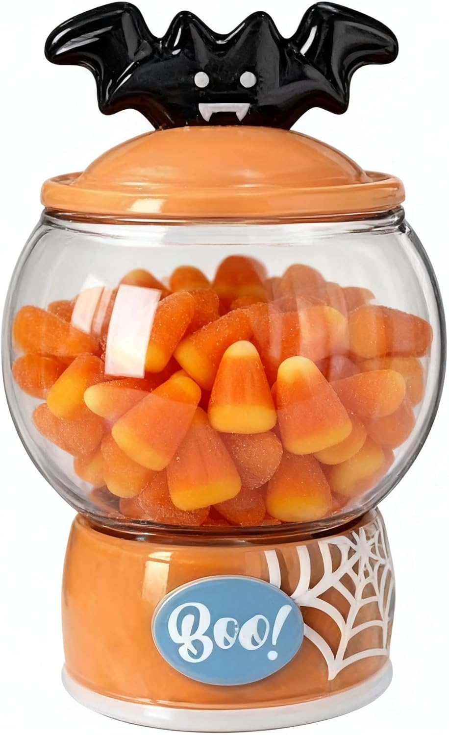 54 oz Halloween Candy Jar & Cookie Jar, Scary Bat Ceramic Lid with Seal, Clear Glass Food Display Jar, Hand-Painted Spider Web Patterned Ceramic Base, Food Jar for Christmas, Kitchen, Rice, Flour