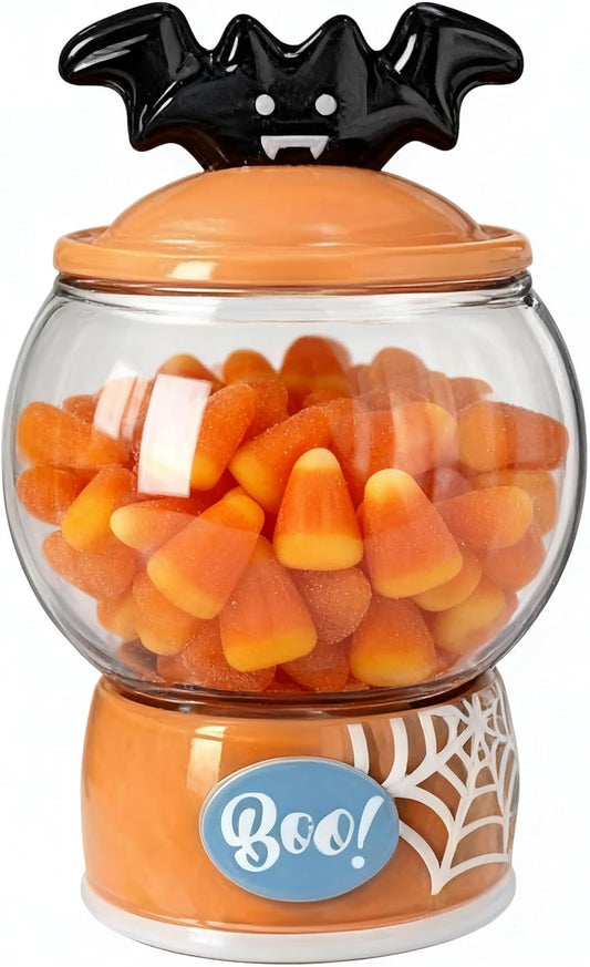54 oz Halloween Candy Jar & Cookie Jar, Scary Bat Ceramic Lid with Seal, Clear Glass Food Display Jar, Hand-Painted Spider Web Patterned Ceramic Base, Food Jar for Christmas, Kitchen, Rice, Flour