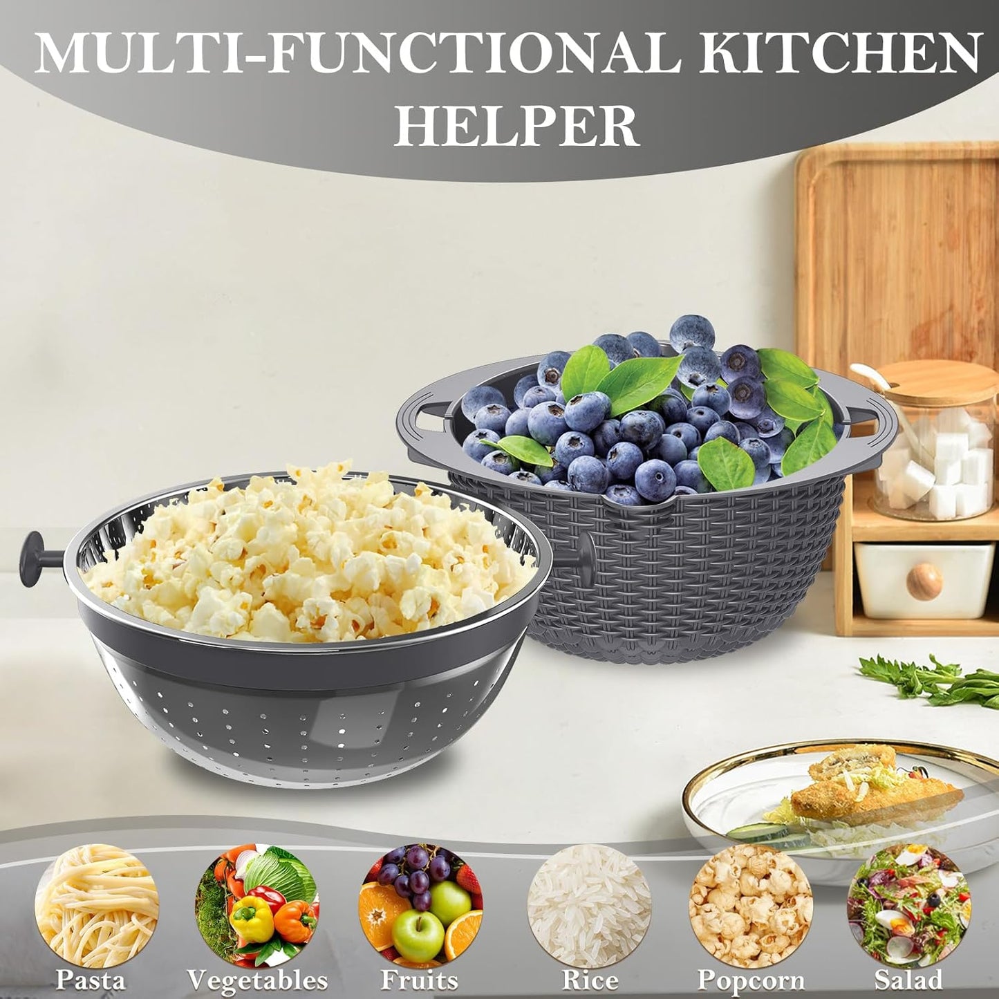 4-in-1 Colander with Bowl Set – Food Strainers and Colanders - Stainless Steel Rotatable Strainer for Fruits & Veggies – Pasta Strainer - Kitchen Essentials - Grey
