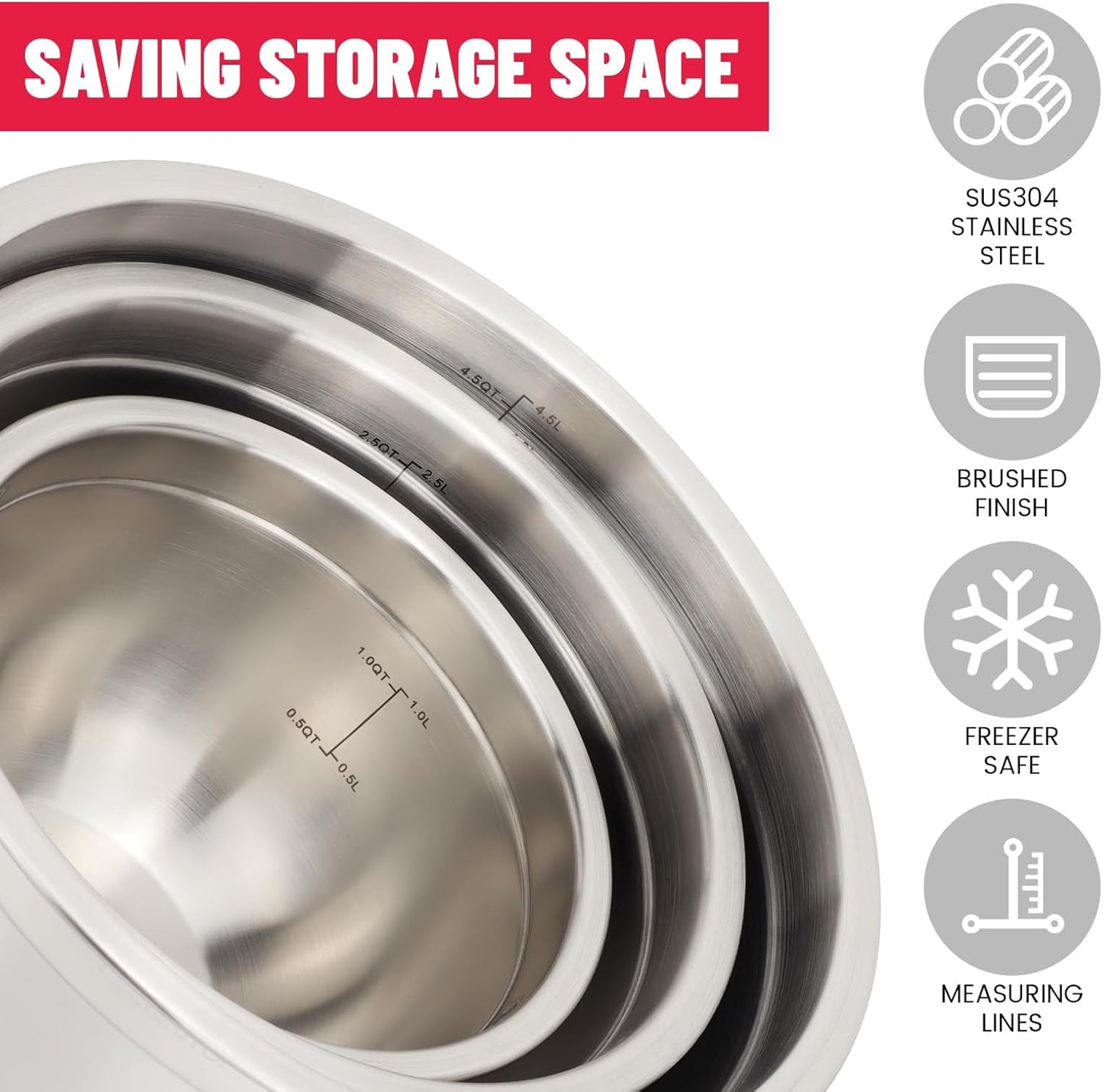 MARSKITOP Stainless Steel Mixing Bowls with Lids Set, Nesting Mixing Bowls with Airtight Lids, Measurement Marks and Red Non-Slip Bottoms, Great for Mixing and Serving, 1.5QT & 3QT & 5QT