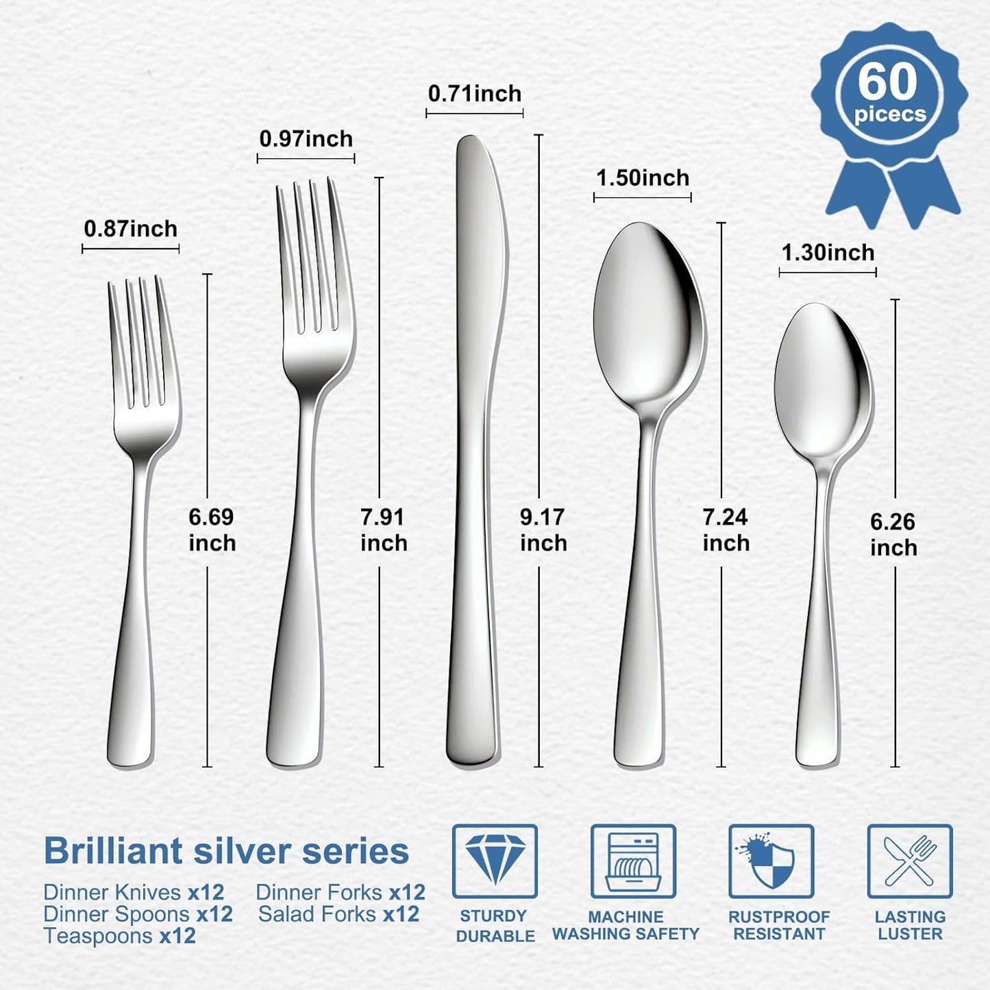 BEWOS 60 Piece Silverware Set - Stainless Steel Silverware Sets for 12 Include Spoon, Forks, Knives, Mirror Polished Flatware Set for Home, Kitchen, Restaurant, Dishwasher Safe