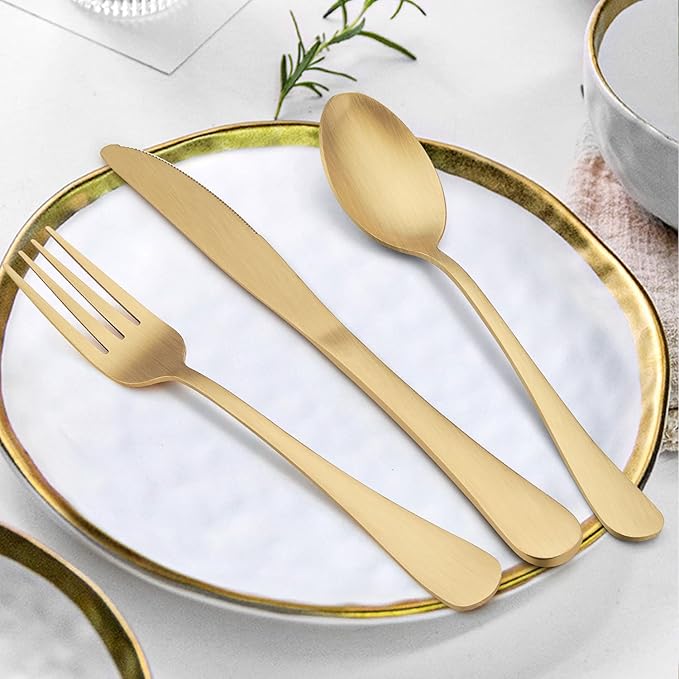 LIANYU 20 Piece Matte Gold Silverware Set, Stainless Steel Gold Flatware Cutlery Set for 4, Fancy Kitchen Utensil Tableware for Home Restaurant Party, Satin Finish, Dishwasher Safe