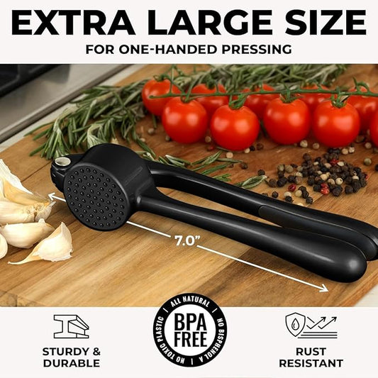 Zulay Kitchen Large Premium Garlic Press Set - Bigger Bowl for Bigger Garlic - Rust Proof & Dishwasher Safe Garlic Mincer Tool - Easy-Squeeze, Easy-Clean Silicone Garlic Peeler & Brush (Black)