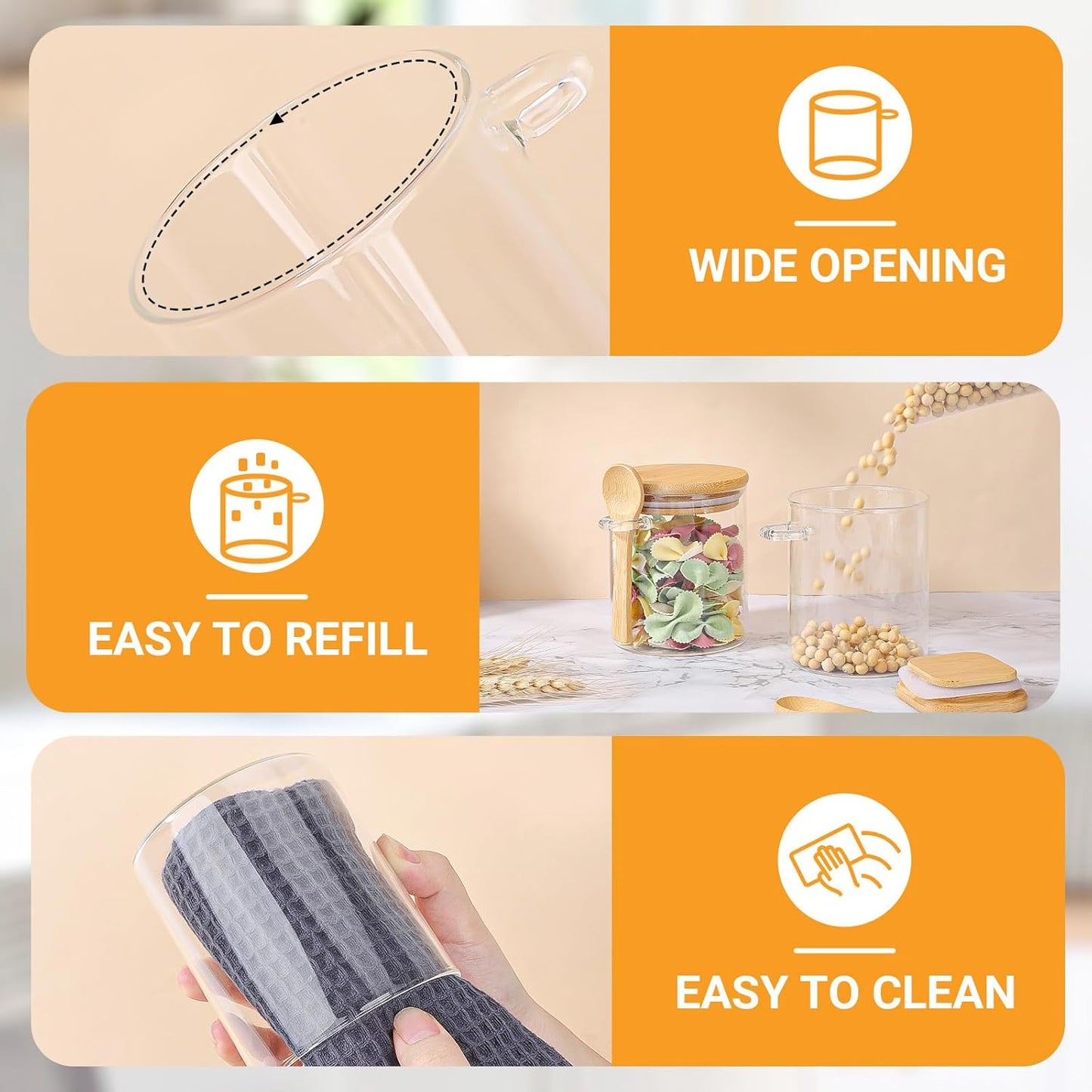 Glass Jars with Bamboo Lids and Spoon - 2 Pack 15 Fl.oz Round Glass Storage Jars with Airtight Lid, Clear Stackable Sugar and Coffee Container Set for Overnight Oats, Spice, Loose Tea,Candy