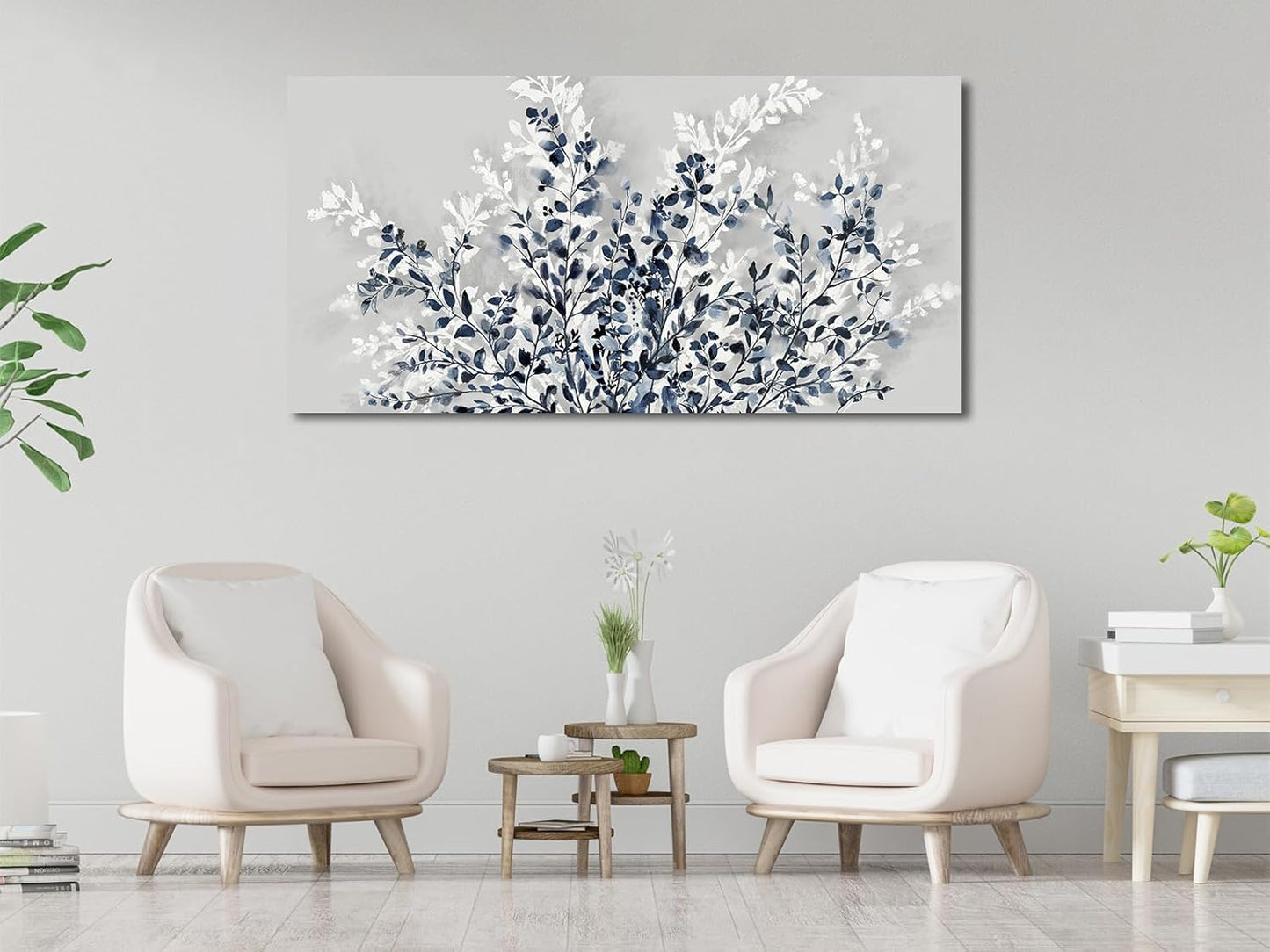 NINEASO Botanical Flowers Wall Art - Indigo Blue and White Floral Canvas Pictures Spring Blooming Painting Gray Background Printing Artwork Living Room Bedroom Home Office Wall Decor 29" x 58"