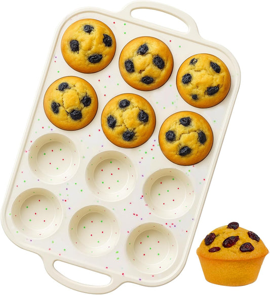Silicone Muffin Pan for Baking with Metal Frame, Nonstick, 12 Cups Silicone Cupcake Pan, Muffin Tray, Muffin Molds for Baking Muffins, Cupcakes, Egg Bites (Cream, 1Pcs)