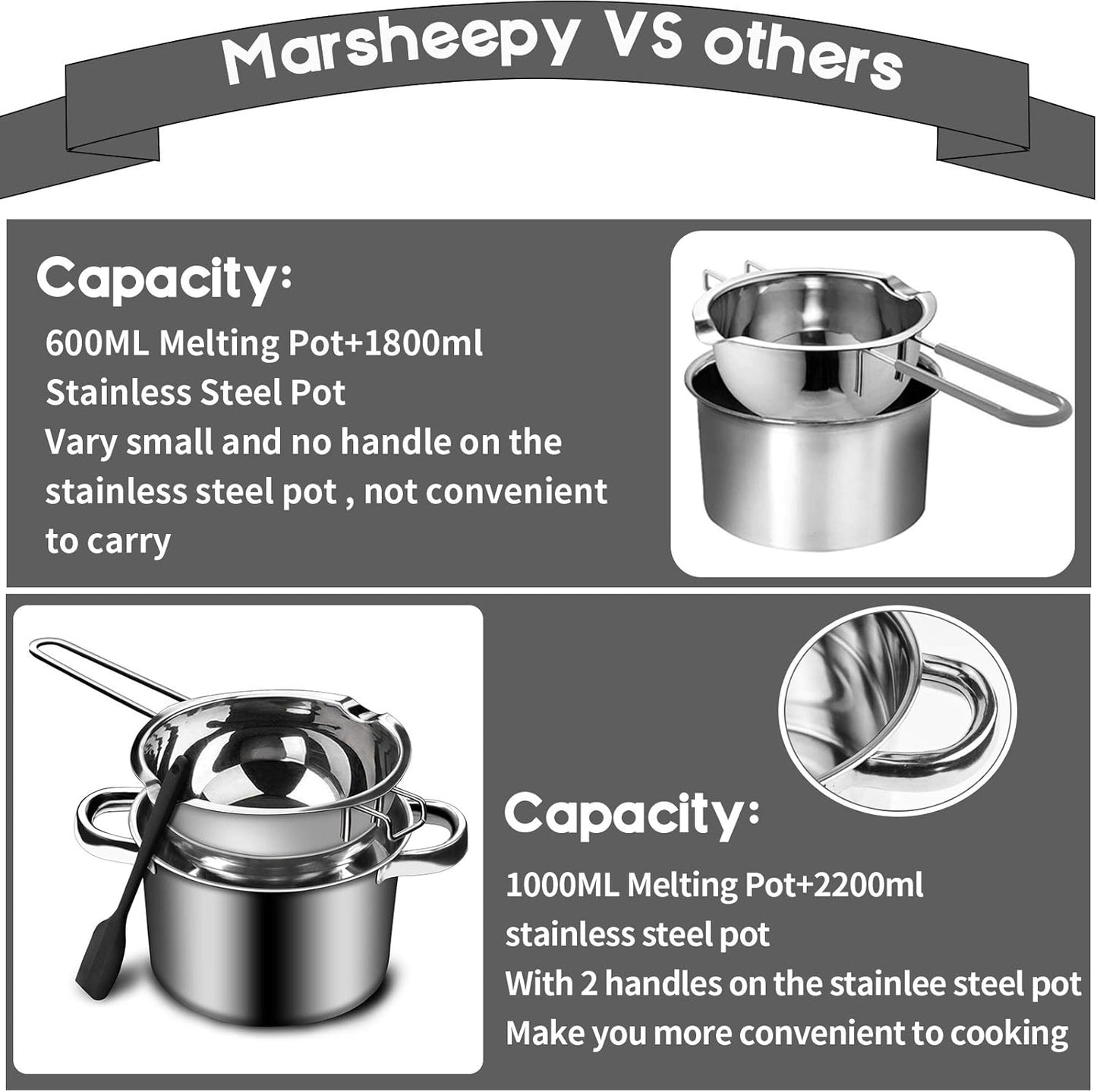 1000ML/1QT Double Boiler Chocolate Melting Pot with 2QT 304 Stainless Steel Pot, Chocolate Melting Pot with Silicone Spatula for Melting Chocolate, Candy, Candle, Soap, Wax