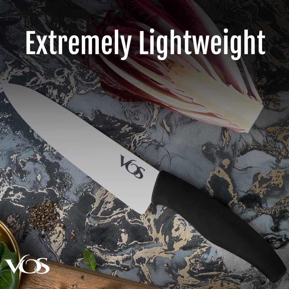 Vos Ceramic Knife with Peeler, Knives Set For Kitchen, Ultra Sharp Kitchen Knife Set with Covers, 4" 5" 6" 7" 8" Paring, Chef Knife, Santoku & 2 more, Lightweight, Dishwasher safe (Black)