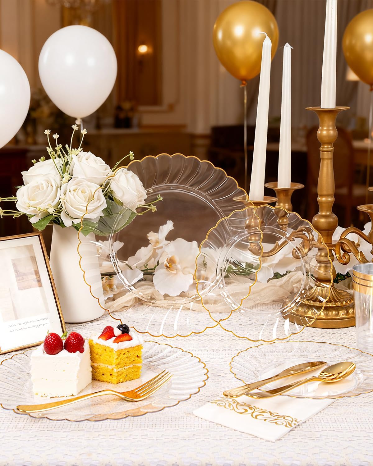YOUBET 175PCS Gold Scalloped Plastic Plates - Clear and Gold Disposable Dinnerware Set Include 50 Plates, 75 Gold Silverware, 25 Cups, 25 Napkins for Party & Wedding & Thanksgiving