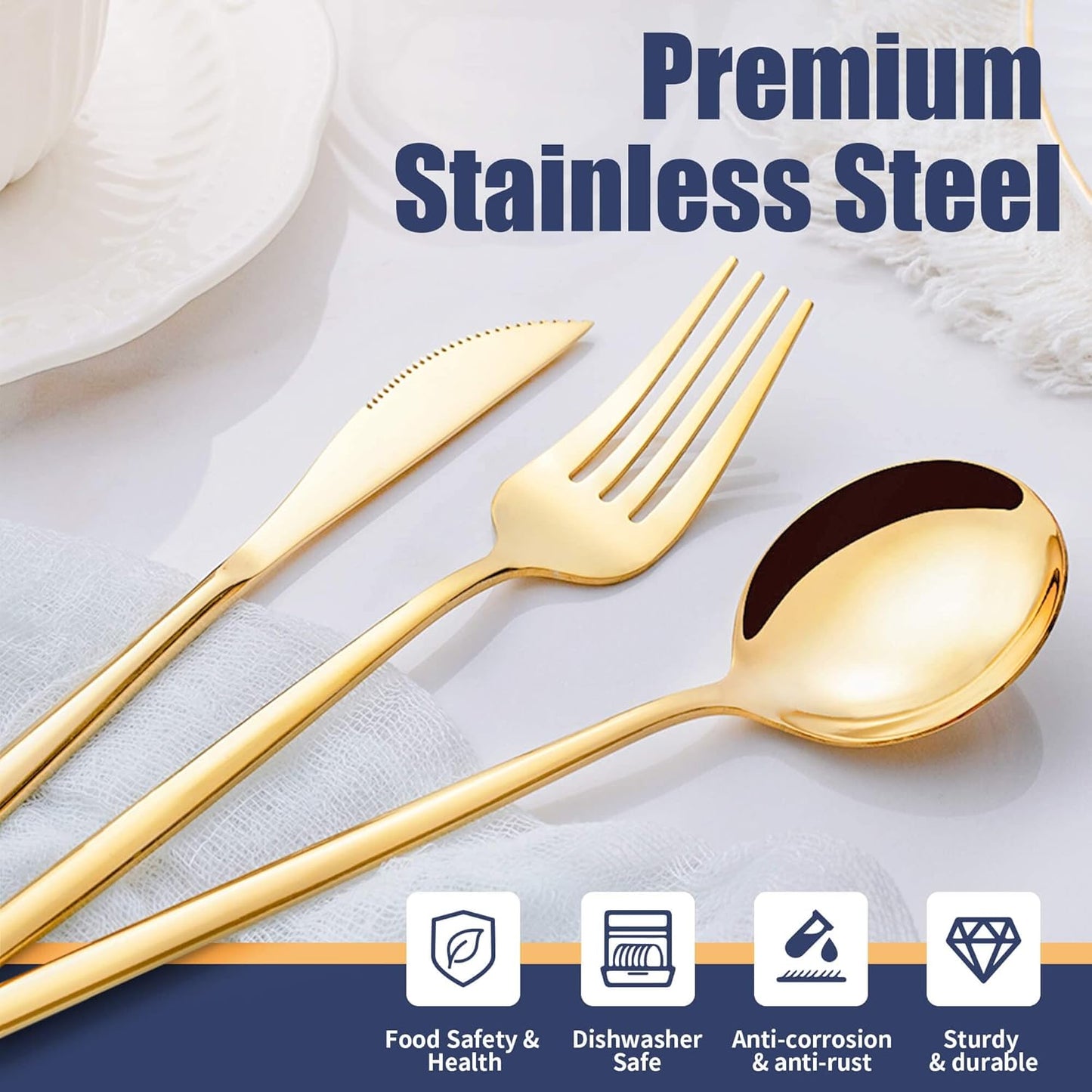 20 Piece Gold Silverware Set,Stainless Steel Flatware Cutlery Set Service for 4 Including Forks Spoons Knives,Kitchen Utensil Set,Tableware for Home and Restaurant, Dishwasher Safe