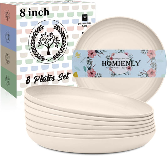 Homienly Dessert Plates - 8 Inch Wheat Straw Plates Set, Dinner Plates Set of 8, Appetizer Plates, Lightweight Unbreakable Plates, Microwave Safe Plates, Deep Plates for Dinner - Beige