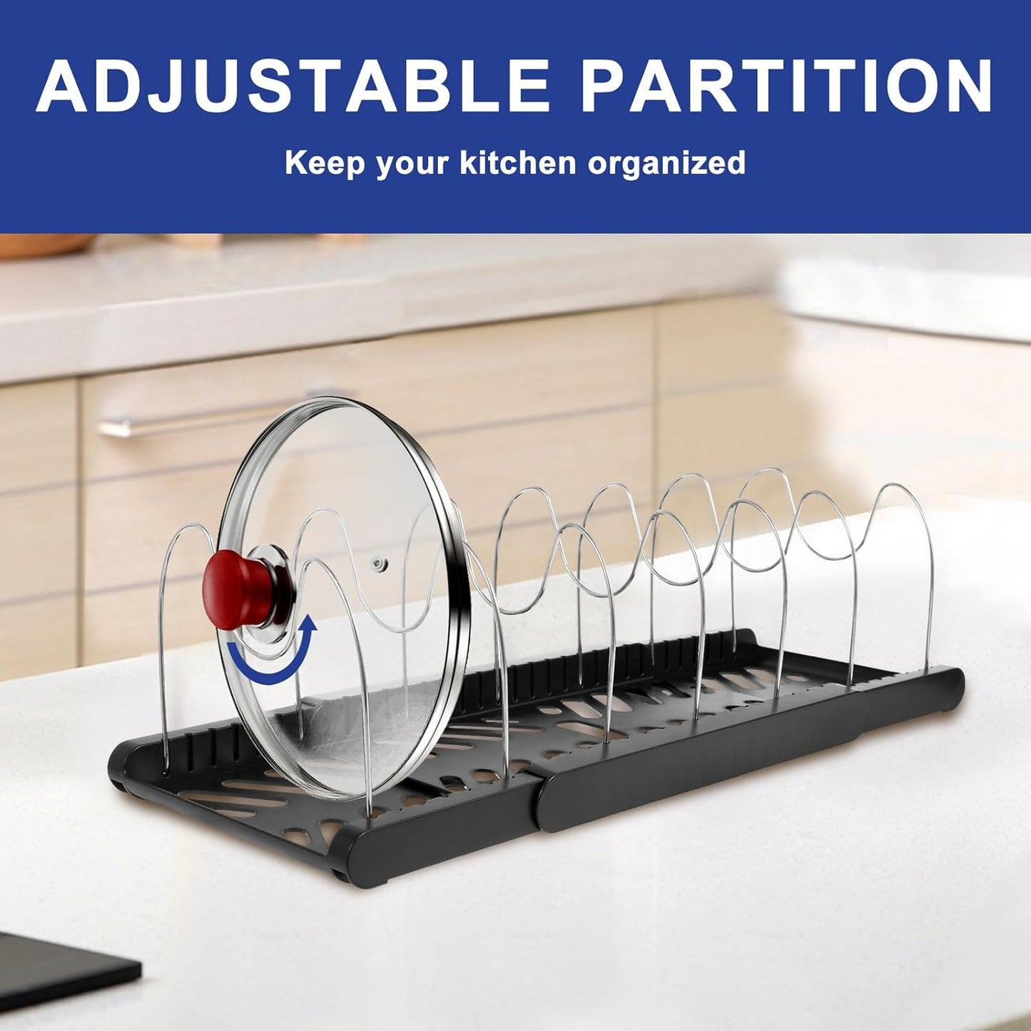 2Pack Pot and Pan Organizers Rack Multipurpose Anti Slip Pot Lid Holder Space Saving Cookware Baking Frying Rack Adjustable Cookware Baking Storage Holder for Kitchens (Black-2Pcs)