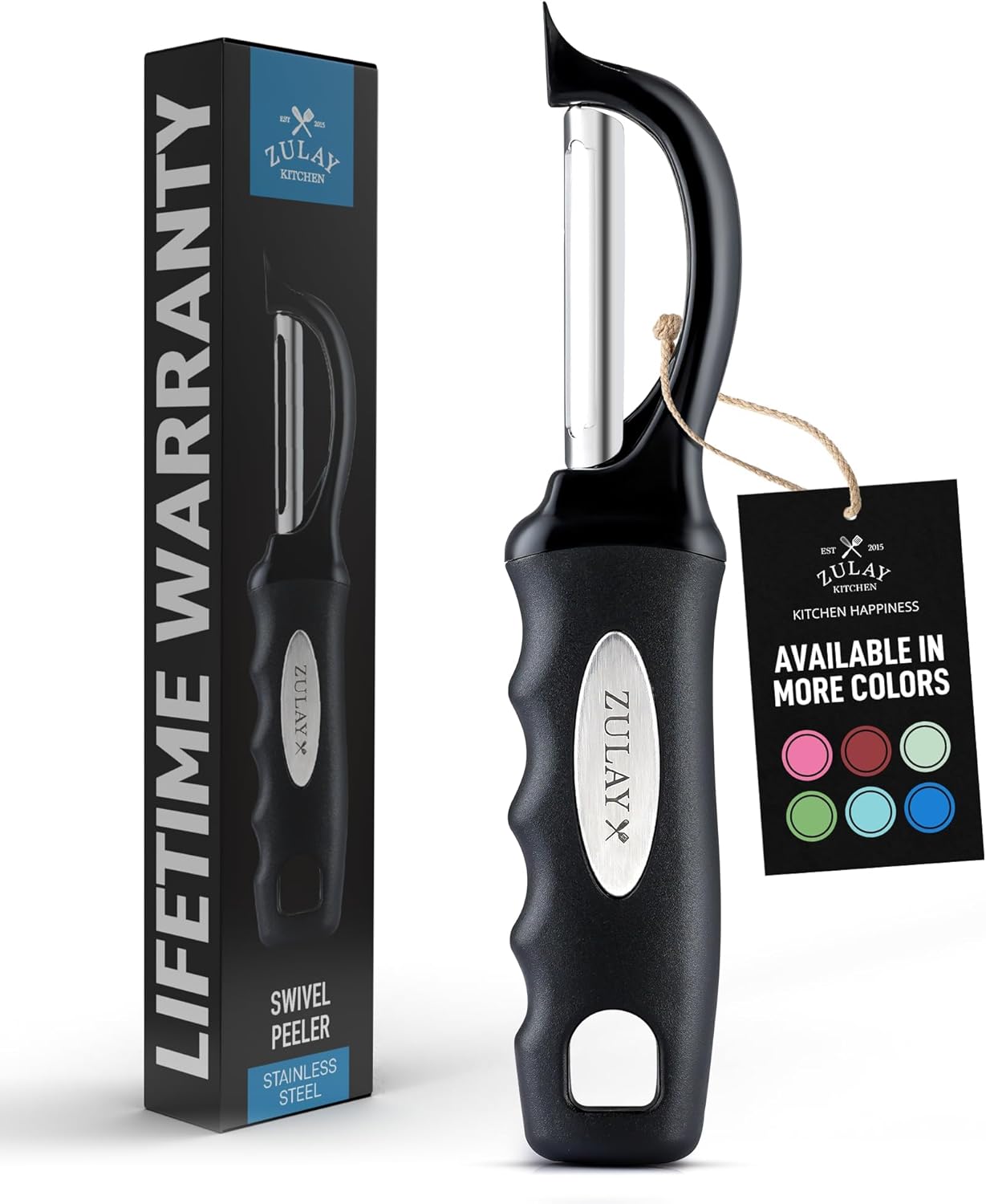 Zulay Kitchen Swivel Vegetable Peeler - Stainless Steel Potato & Veggie Peeler with Comfortable Grip - Built In Blemish Remover - Black