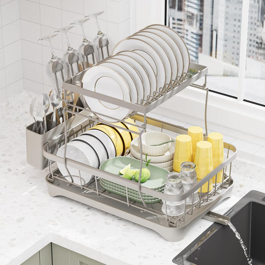LIYI Dish Drying Rack,Large Dish Rack for Kitchen Counter,2-Tier Dish Racks with draining Tray,Detachable Capacity Dish Drainer Organizer,Grey